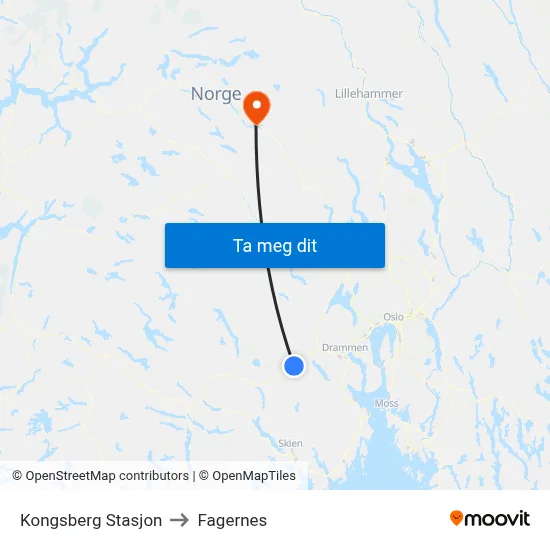 Kongsberg Stasjon to Fagernes map