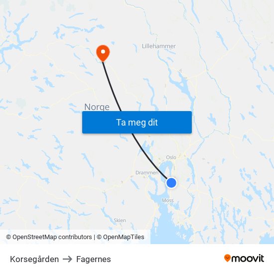 Korsegården to Fagernes map