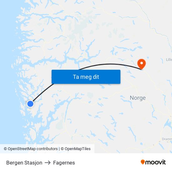 Bergen Stasjon to Fagernes map
