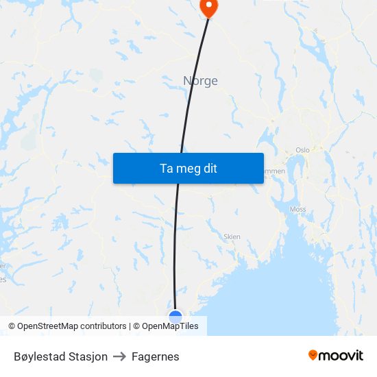 Bøylestad Stasjon to Fagernes map