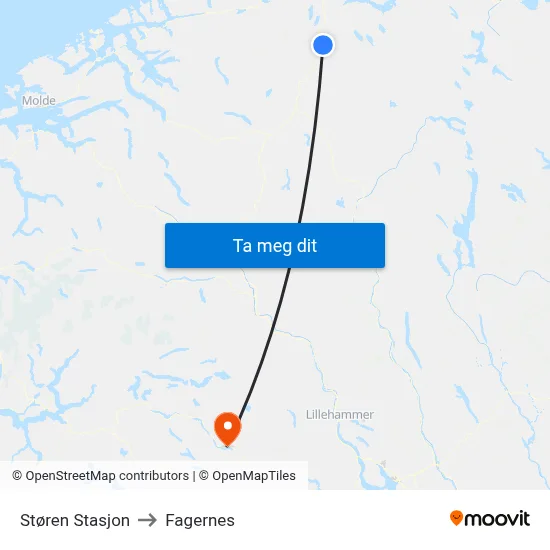 Støren Stasjon to Fagernes map