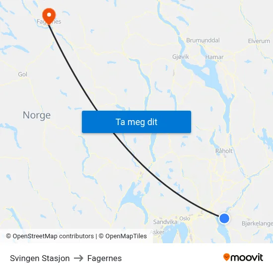 Svingen Stasjon to Fagernes map