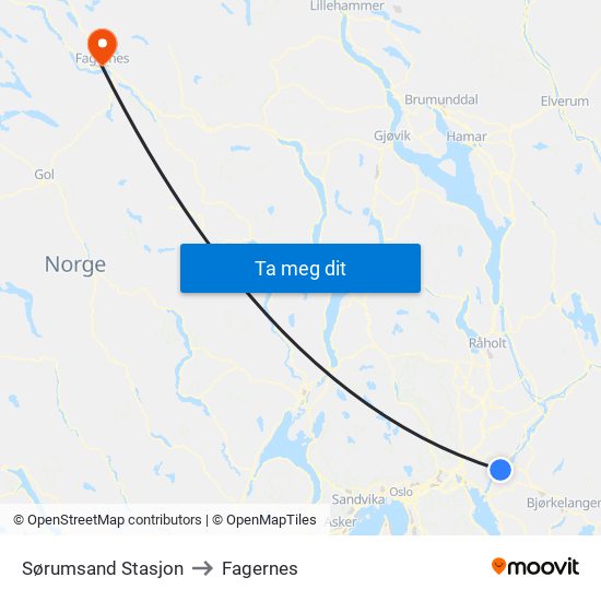 Sørumsand Stasjon to Fagernes map