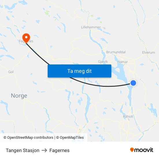 Tangen Stasjon to Fagernes map