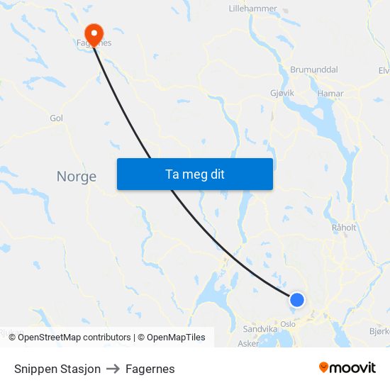 Snippen Stasjon to Fagernes map