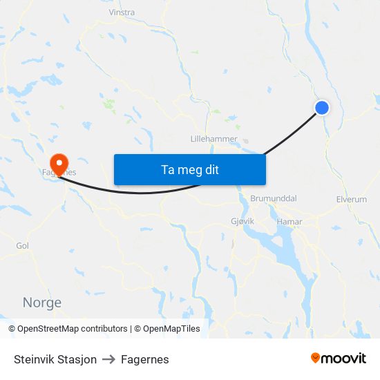 Steinvik Stasjon to Fagernes map