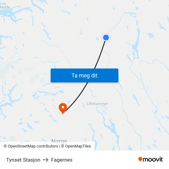 Tynset Stasjon to Fagernes map