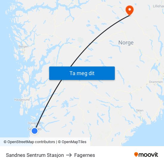 Sandnes Sentrum Stasjon to Fagernes map