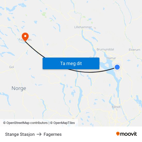 Stange Stasjon to Fagernes map