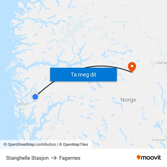 Stanghelle Stasjon to Fagernes map