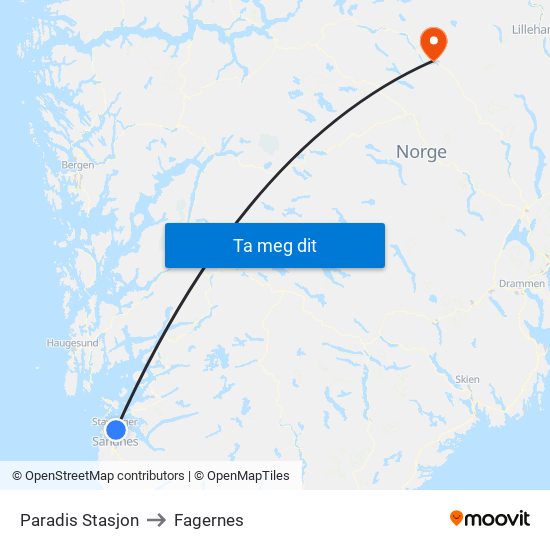 Paradis Stasjon to Fagernes map