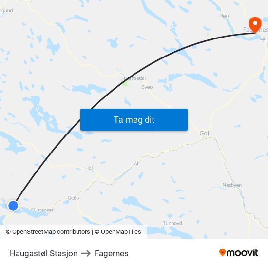 Haugastøl Stasjon to Fagernes map