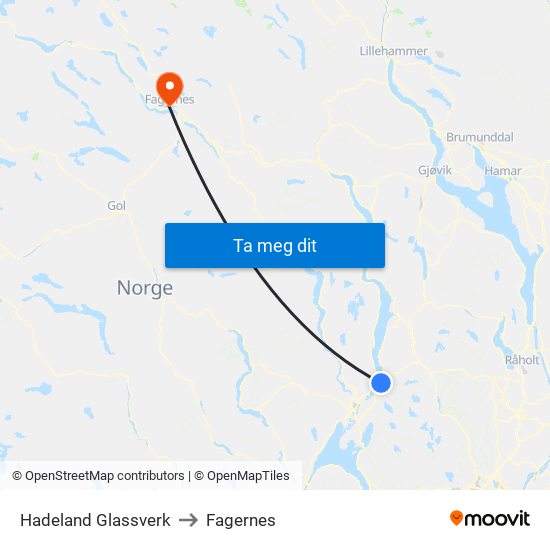 Hadeland Glassverk to Fagernes map