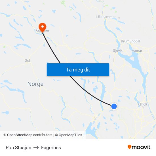 Roa Stasjon to Fagernes map