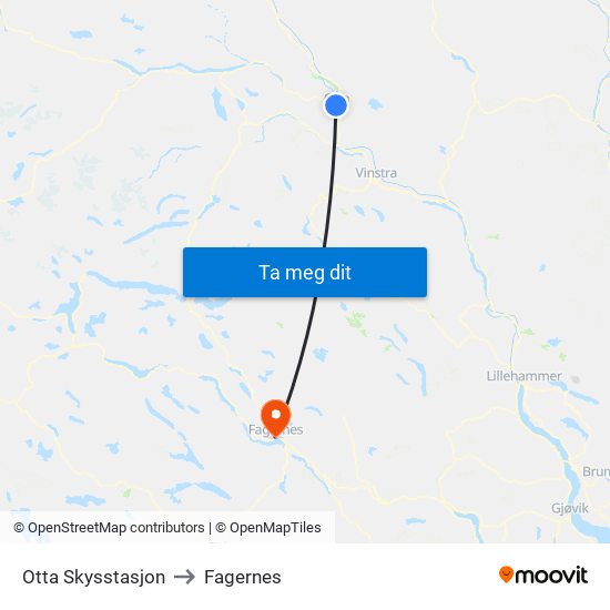 Otta Skysstasjon to Fagernes map