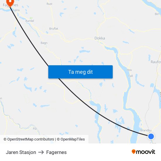 Jaren Stasjon to Fagernes map