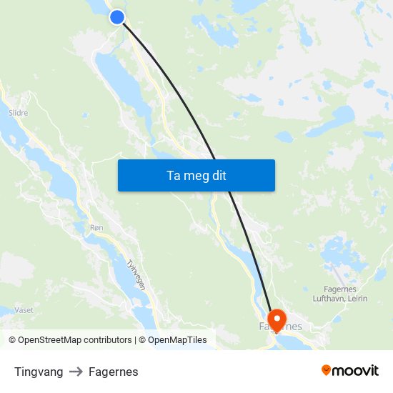Tingvang to Fagernes map