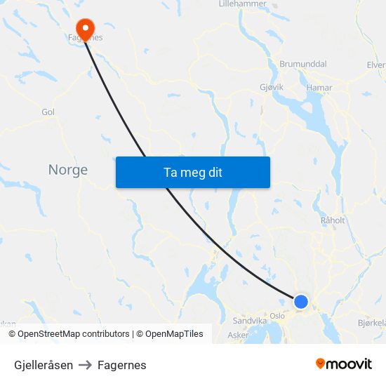 Gjelleråsen to Fagernes map