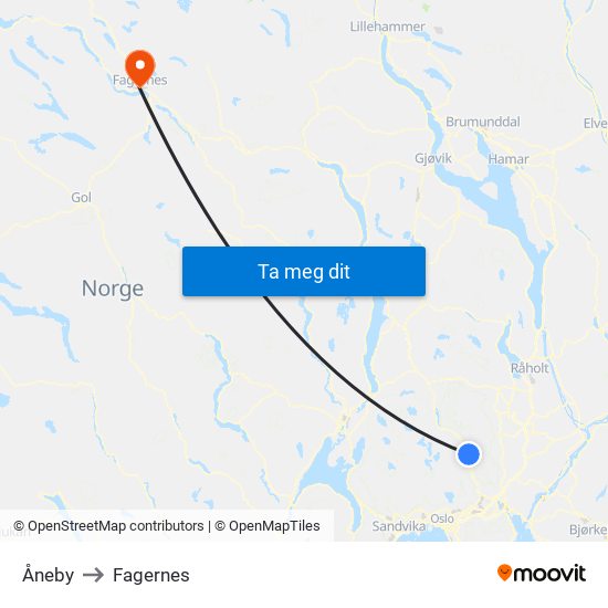 Åneby to Fagernes map