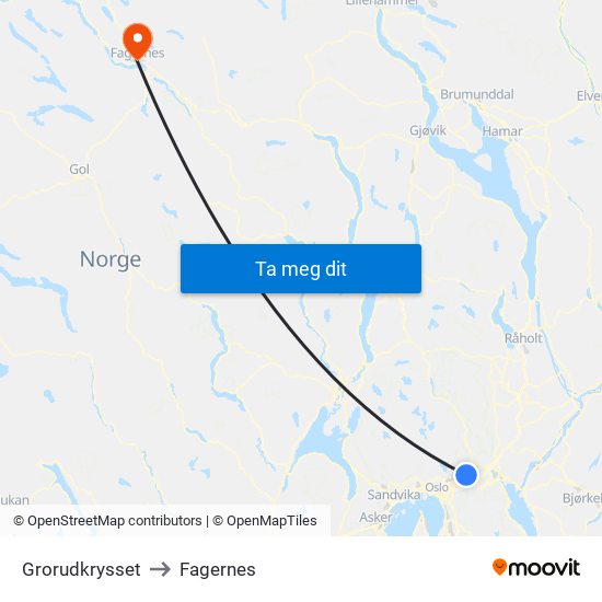 Grorudkrysset to Fagernes map