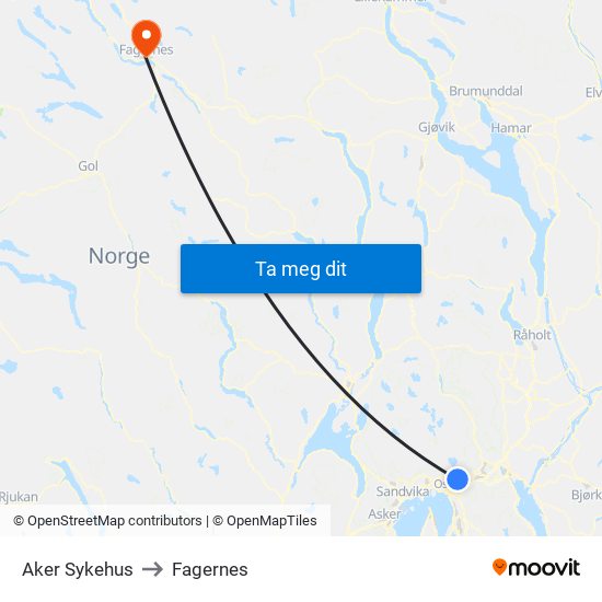 Aker Sykehus to Fagernes map