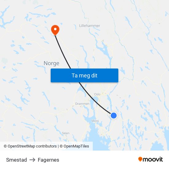 Smestad to Fagernes map