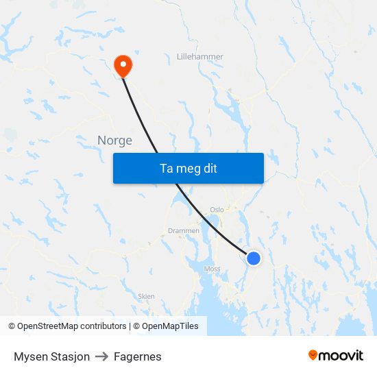 Mysen Stasjon to Fagernes map