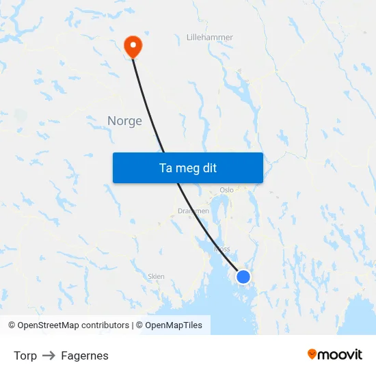 Torp to Fagernes map