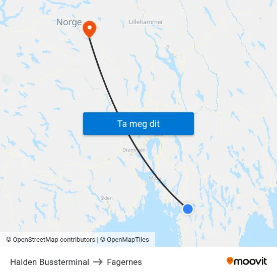 Halden Bussterminal to Fagernes map
