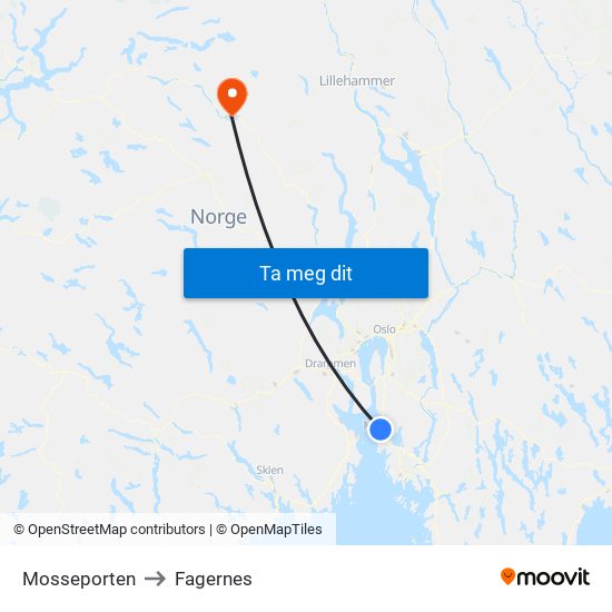 Mosseporten to Fagernes map