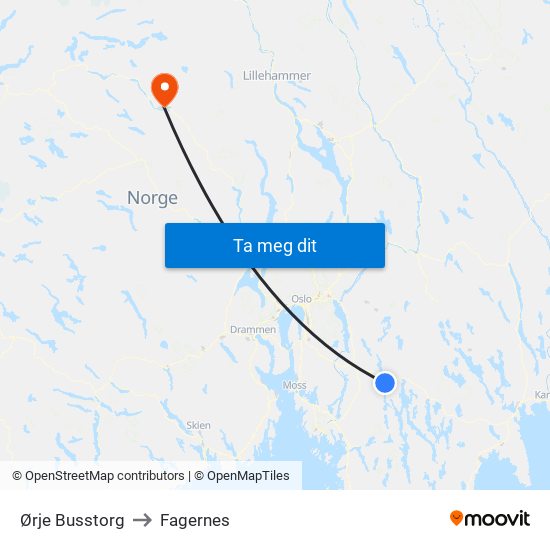 Ørje Busstorg to Fagernes map