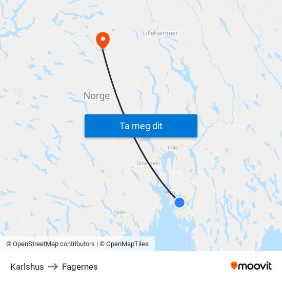 Karlshus to Fagernes map