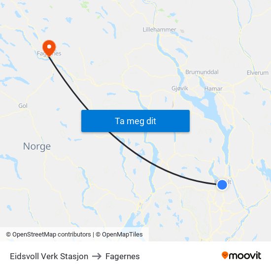 Eidsvoll Verk Stasjon to Fagernes map