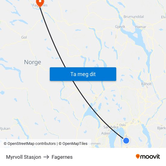 Myrvoll Stasjon to Fagernes map