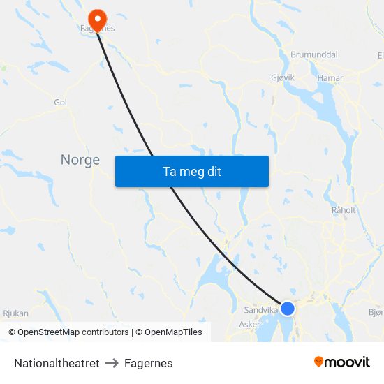 Nationaltheatret to Fagernes map