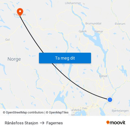 Rånåsfoss Stasjon to Fagernes map