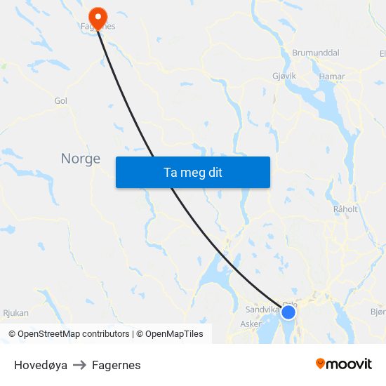 Hovedøya to Fagernes map