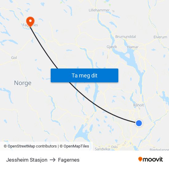 Jessheim Stasjon to Fagernes map
