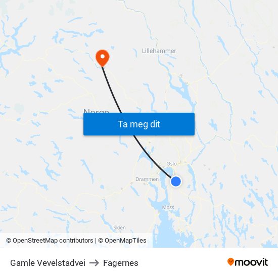 Gamle Vevelstadvei to Fagernes map