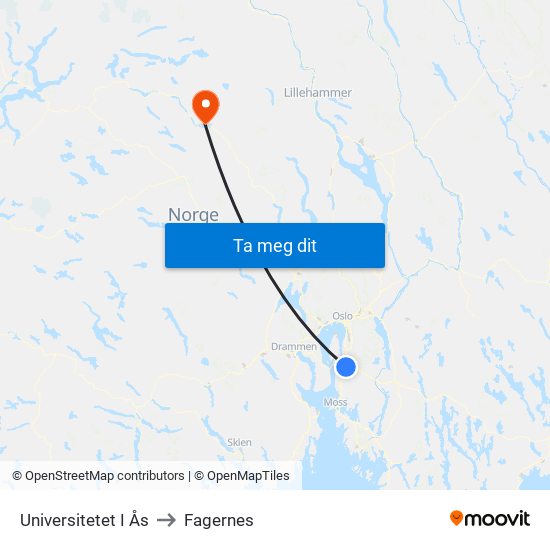 Universitetet I Ås to Fagernes map