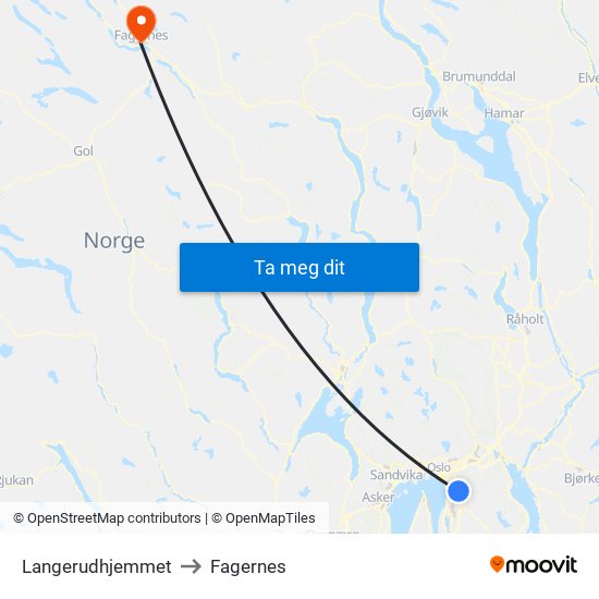 Langerudhjemmet to Fagernes map