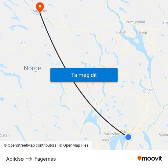 Abildsø to Fagernes map