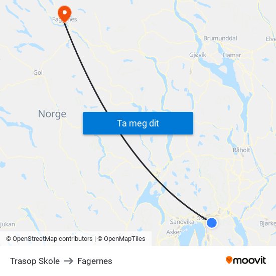 Trasop Skole to Fagernes map