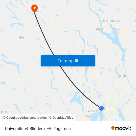 Universitetet Blindern to Fagernes map