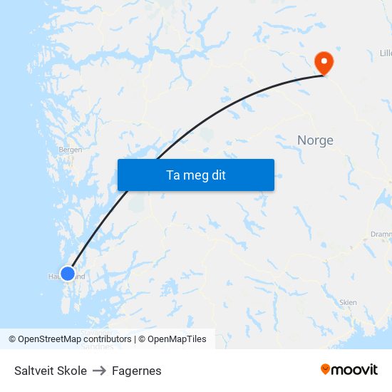 Saltveit Skole to Fagernes map