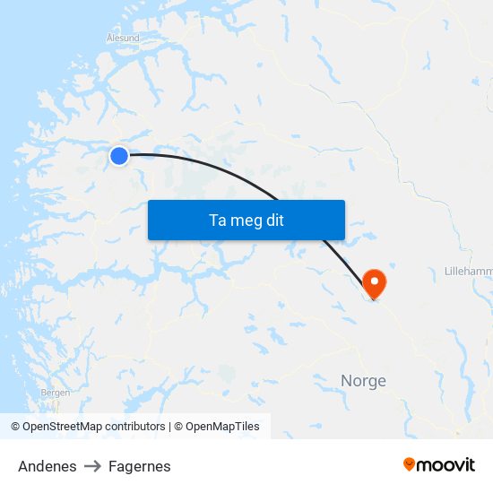 Andenes to Fagernes map