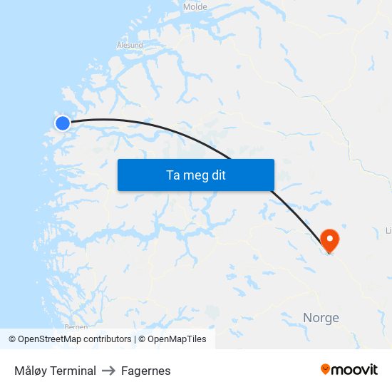 Måløy Terminal to Fagernes map