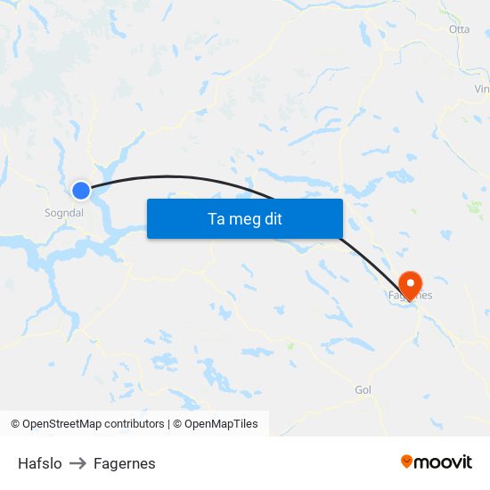 Hafslo to Fagernes map