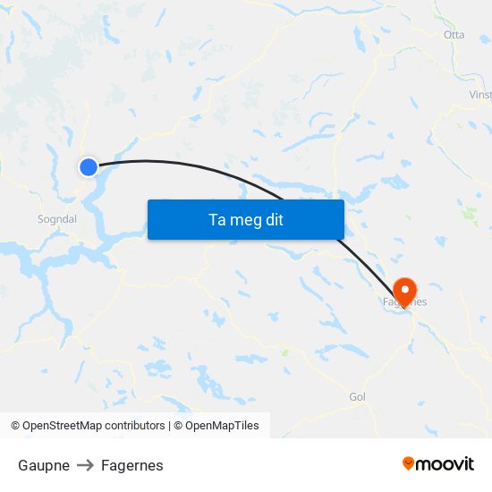 Gaupne to Fagernes map