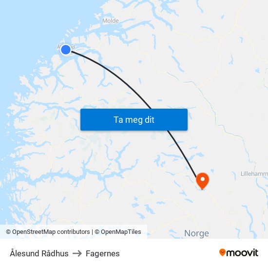 Ålesund Rådhus to Fagernes map